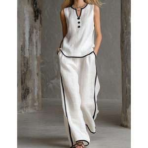 Conjuntos de 2 Piezas para <span class=keywords><strong>Mujer</strong></span>, Chaleco de <span class=keywords><strong>Lino</strong></span>, Pantalones Anchos, Trajes Casuales Elegantes - Product Image 1