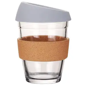 Eco-Friendly Reusable Heat Resistant Customized color 8OZ 12OZ 16OZ water Glass Coffee Cup Mug with Silicone Lid Cap Cork Band