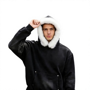 Sudadera con Capucha Extra Grande para Hombre, Estilo Desgastado, con Ribete de Piel Sintética Desmontable, Sudadera de Forro Polar Grueso, Estilo Hip Hop Urbano - Product Image 4