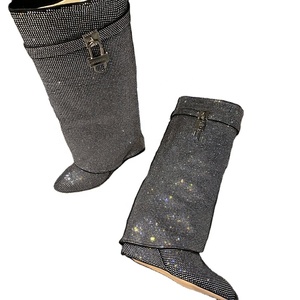 <span class=keywords><strong>Stivali</strong></span> di Lusso Completamente Decorati con Diamanti, Morbidi e Lucidi, Slip-on con Tacco a <span class=keywords><strong>Zeppa</strong></span>, Scarpe da Donna con Chiusura Metallica, <span class=keywords><strong>Stivali</strong></span> Alti fino al Ginocchio - Product Image 6