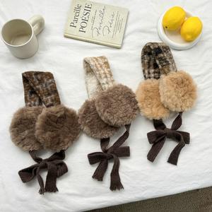 Cache-oreilles en fausse <span class=keywords><strong>fourrure</strong></span> pour femmes, toutes saisons, avec nœud papillon – Couvre-oreilles chauds en peluche à motif écossais, options multicolores, élégants pour l'extérieur - Product Image 2