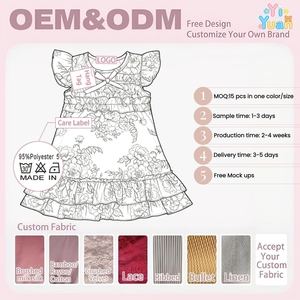 Robe de princesse pour filles à motif personnalisé, imprimé floral pivoine, manches courtes à volants, nœud avant, ourlet à volants superposés, vêtement décontracté - Product Image 2