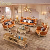 Meubles de salon européens en bois massif sculpté, canapé en cuir véritable pour hall de villa