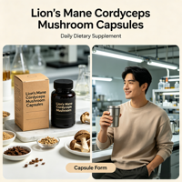 Capsules de mélange de champignons avec Crinière de lion et Cordyceps, naturelles, végétaliennes/sans gélatine, pour le bien-être quotidien des adultes