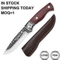 Couteau de chasse à lame fixe, 1 pièce, en acier forgé à la main, pointe tombante, manche en bois rougeâtre, bolster gravé, étui en cuir
