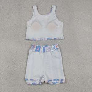 En stock: Conjuntos deportivos casuales de verano para niñas pequeñas, con estampado floral azul y rosa, top sin mangas y falda pantalón. Ropa de yoga y deportiva para hermanas. Venta al por mayor. - Product Image 4