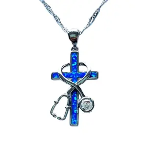 Neues Design Medizinisches Kreuz blaues Opal Stethoskop-Anhänger Halskette Arzt Krankenschwester Geschenk