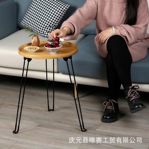 <b>Folding</b> <b>Small</b> Round Coffee <b>Table</b> Bamboo Metal Frame Minimalist Design Outdoor Indoor Use - Product Image 3