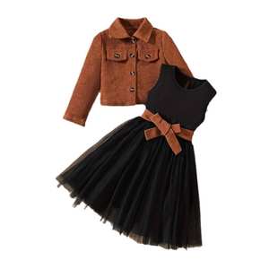 Traje de Falda y Chaqueta de Pana Sólida Casual para Niñas Personalizable, Marrón, con Top de Manga Larga de Un Solo Botón y Chaleco de Gasa Transpirable - Product Image 4