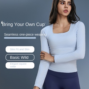 Custom <b>Women's</b> Lightweight Seamless One-Piece Woven Sports Yoga Suit Long-Sleeved Slimming Tight Waist Inner Base Shirt - Product Image 6