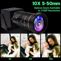 Cámara Web ELP HD MI 4K para Transmisión en Vivo, H.264 H.265 4K 30FPS, Zoom 10X, Salida USB C HD MI, Cámara de Video para PC con Transmisión Simultánea para Inspección