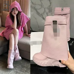 High Chunky Heeled Pants Boots For Women Mid-calf Platform Wedges Zip Luxury Design Metal Lock Fashion Shark Booties