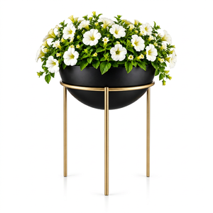 Maceta Moderna de Metal Negro con Elegante Soporte Dorado, Maceta Redonda Contemporánea, Minimalista, para Interiores, Exteriores, Jardín y Hogar - Product Image 1