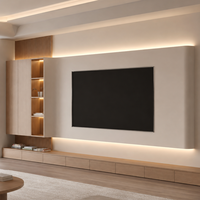 Meuble TV mural moderne de luxe en forme d'arc, meuble TV en bois à bords incurvés, étagères de rangement, console multimédia flottante LED pour salon