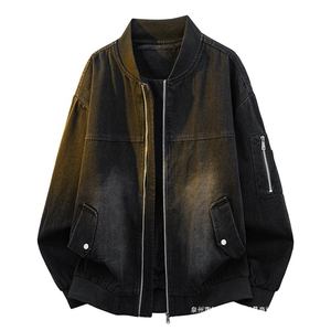 Veste bomber en denim délavé sur mesure, coupe ample, fermeture éclair intégrale, veste de vol, détails en rivets métalliques, poche latérale à fermeture éclair, veste en denim streetwear - Product Image 1