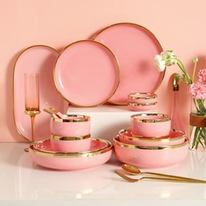 Luz de lujo estilo chica Rosa oro borde cerámica vajilla conjunto hogar Internet famoso cuenco de arroz - Product Image 2