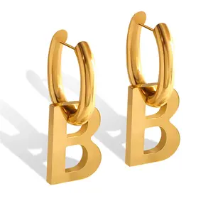 时尚奢华饰品女性18k金盘B字母耳环可拆卸不锈钢耳环