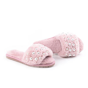 Style de mode de luxe pour femmes, pantoufles en fourrure duveteuse avec perles pour chambre à coucher - Product Image 3