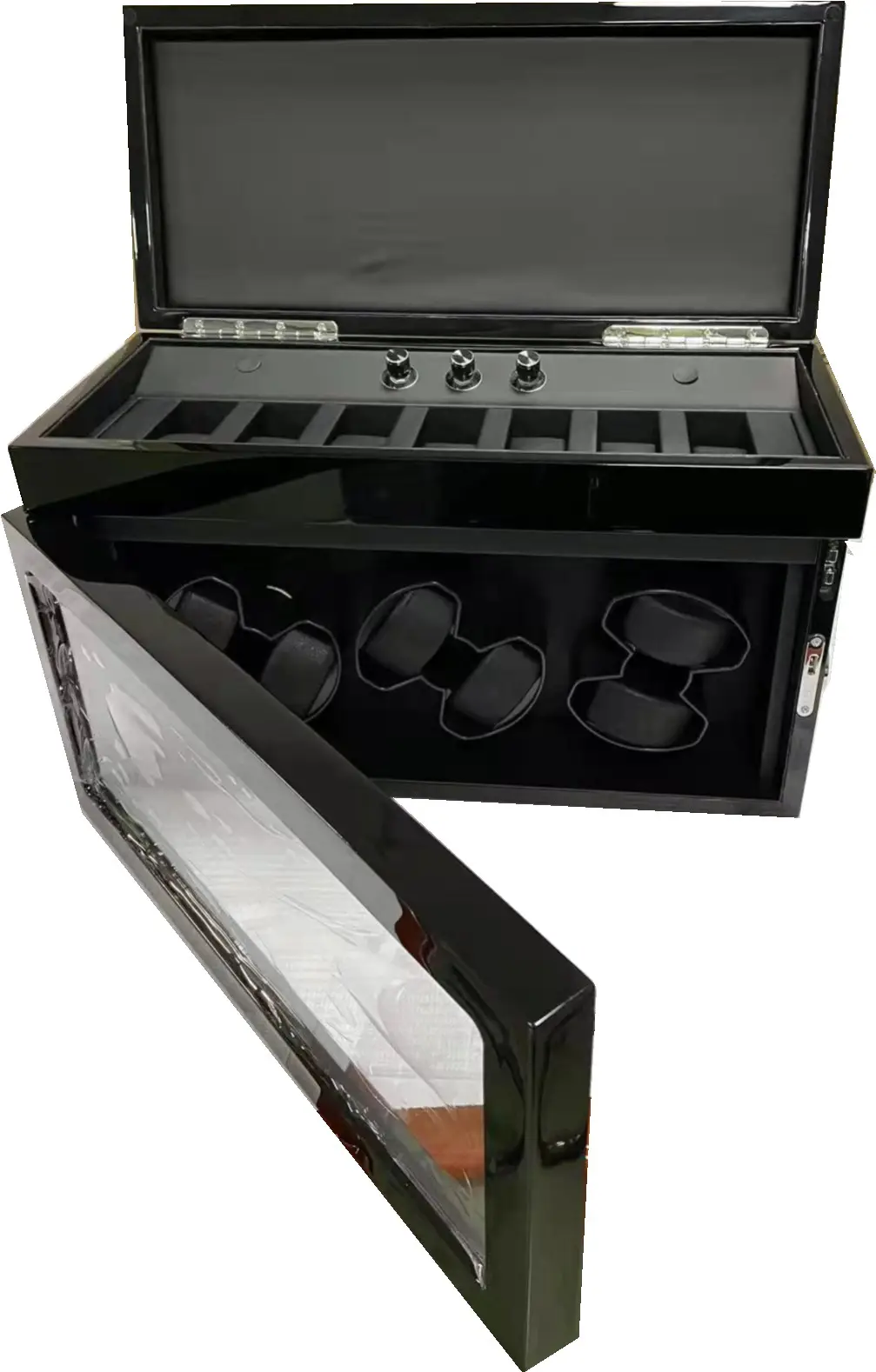 Caja de enrollador de reloj automático de alta calidad de lujo OEM/ODM, caja de cuero de madera segura, 6 ranuras con 7 relojes de almacenamiento RGB Li