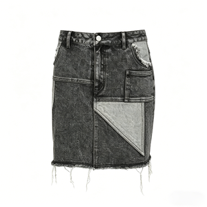 Mini-jupe en jean personnalisée pour l'été, avec empiècements, broderie unie et délavage à l'acide, style Moment's - Product Image 1