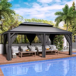 Gazebo à toit rigide de 12x20 pieds Gazebo <span class=keywords><strong>extérieur</strong></span> en aluminium à cadre en grain de <span class=keywords><strong>bois</strong></span> <span class=keywords><strong>Auvent</strong></span> permanent à double toit avec filet et rideaux - Product Image 2