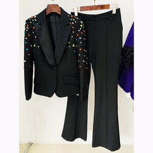 Ensemble de costume de luxe pour femme avec blazer orné de cristaux, <span class=keywords><strong>pantalon</strong></span> évasé à manches longues, coupe ajustée, idéal pour invitées de <span class=keywords><strong>mariage</strong></span>, tenue de soirée formelle, OEM - Product Image 2