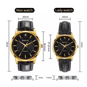 Montres à quartz pour couple HALEI, bracelet en cuir, boîtier en acier inoxydable, ensemble de montres élégantes et tendance, mouvement japonais. - Product Image 4