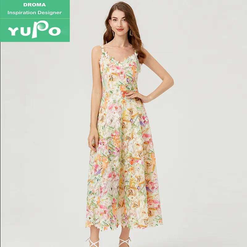 Droma belleza colorido 3-D flor ahuecado bordado tirantes Maxi vestidos de vacaciones para mujeres