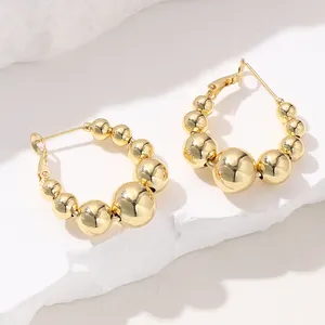 Fashion New Arrival Copper Beads Hollow Hoop Earring Gold Plating Round Beaded Hoop Earrings For Girls
