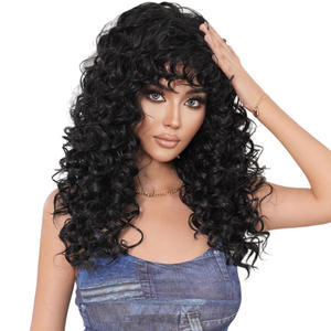 Peluca de Cabello Largo y Rizado con Flequillo, Estilo Europeo Americano, Color Negro, para Mujer, Ondulado Profundo, Sin Remy, Cobertura Completa - Product Image 1