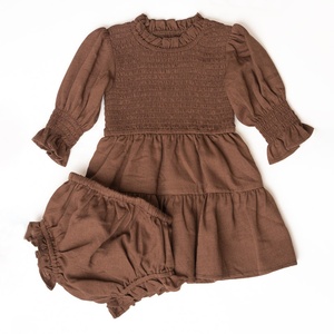 Automne Automne Manches Longues Vintage Solide Smocké Robes Maman Et Moi Robe Tenues - Product Image 3