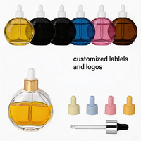 Contenants à huile ronds et plats uniques, 50 ml, flacons compte-gouttes en verre transparent vides pour huiles essentielles, avec bouchon intérieur, logo personnalisé, flacon transparent