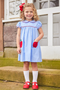 Robe d'été pour filles en coton à carreaux bleus avec bordure rouge et applique pomme, tenue assortie pour sœurs, idéale pour la rentrée scolaire - Product Image 3