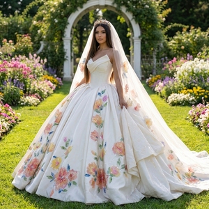 Spjy001 Luxury Ivory Floral Print Wedding Satin Princess Ball Gown Sweetheart Draped Bodice Floor-Length Watteau Train Color - Product Image 1