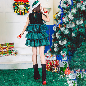 Christmas Sleeveless Green Tiered Dress Velvet A-Line High Neck Holiday Party <b>Costume</b> Women's Stage Outfit - Product Image 4