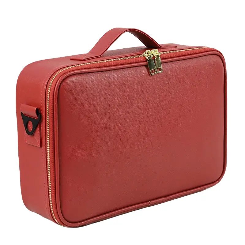 Free Sample Red Makeup Bag Travel Makeup Train PU Leather Cosmetic Cases Large Portable Pouch Brush Bag with DIY Divider