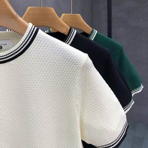 Camicia Estiva da Uomo in Seta Ghiaccio a Maniche Corte, Maglia Sottile con Bordo a Righe e Collo Rotondo, Modello Traforato, Vendita all'Ingrosso - Product Image 3