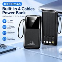 Batterie externe portable PD à charge rapide 10000 mAh au lithium polymère avec 4 câbles intégrés, ports multiples et sortie micro