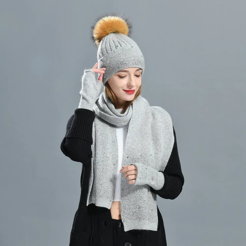 Зимняя модная теплая шапка шарф перчатки набор из трех частей оптовая продажа женских кашемировых вязаных шарфов и шапочек и перчаток на заказ