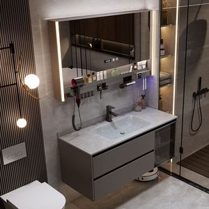 Modern Wall-Mounted Bathroom Vanity With <b>Smart</b> <b>Mirror</b> Ceramic Basin Dark Finish 60 In Illuminated Rectangle Minimalist Design - Product Image 3