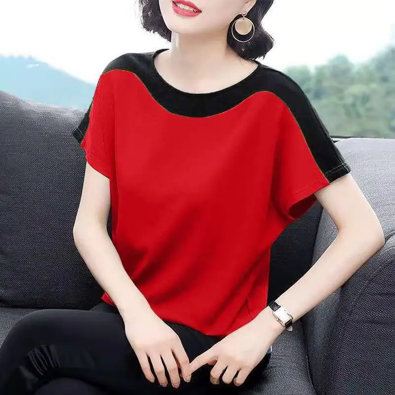 Mulheres Verão Vermelho Preto Blusas Camisas Senhora Moda Casual Manga Curta O Pescoço Cor Sólida T-shirt Blusas Tops