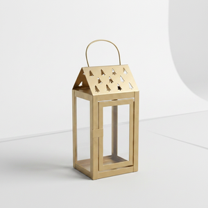2026 Latest <b>Christmas</b> Collection <b>Gold</b> Metal Candle Lantern with <b>Tree</b> Cutouts for Home Decoration - Product Image 3