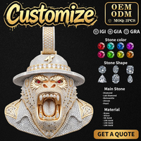Pendentif de luxe personnalisé en argent sterling 925 avec tête d'animal 3D incrustée de moissanite, style hip-hop pour homme, bijoux streetwear