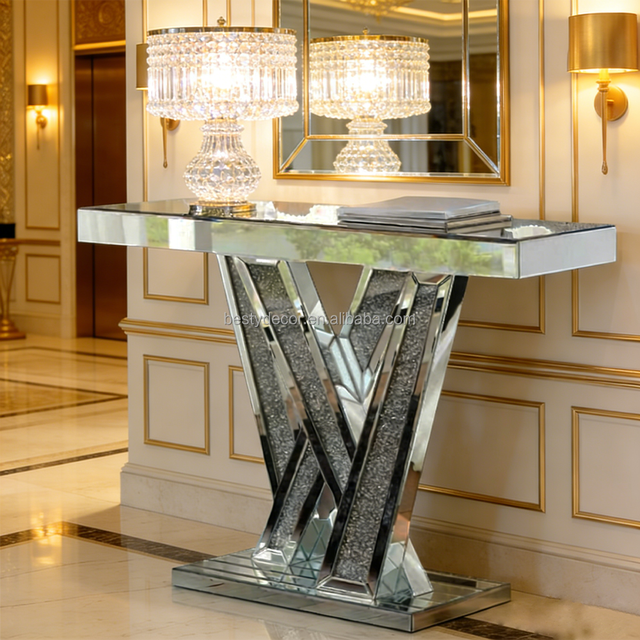 Wholesale Top Sale Luxury Mirror Crushed Crystal Diamond Console Table With LED Light for Living Room Home Decor