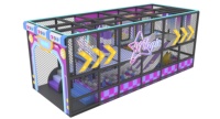 Aire de jeux intérieure sur mesure au design cyberpunk tendance avec piscine à balles, toboggan et corde d'escalade