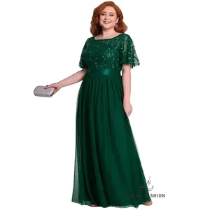 Plus Size Custom Made Green Color Mother of The Bride Dress Short Sleeve Beaded Lace Long Mother Evening Dresses