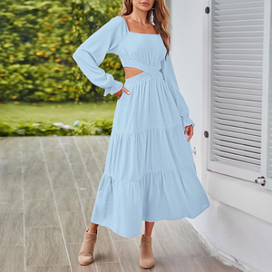 Stock Abbigliamento Donna Estivo Abiti da Donna a Maniche Lunghe <span class=keywords><strong>Abito</strong></span> Casual a Strati con Volant e Vita Incrociata - Product Image 6