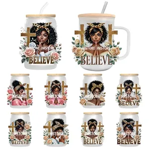 Calcomanías UV DTF para Vasos con Diseño Floral Religioso <span class=keywords><strong>de</strong></span> Chica Negra, Listas para Aplicar, Adhesivos <span class=keywords><strong>de</strong></span> Transferencia Personalizados a Prueba <span class=keywords><strong>de</strong></span> Agua para Botellas <span class=keywords><strong>de</strong></span> 16 oz - Product Image 1
