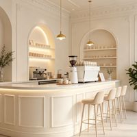 Meubles d'intérieur de café en bois sur mesure, comptoir de bar à texture cannelée avec éclairage LED, vitrine en verre personnalisée, décoration de magasin
