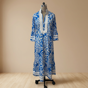 Blue Pineapple Print Peplum <b>Dress</b> Asymmetrical V Neck Long Sleeve Woven Casual <b>Dress</b> for Daily Vacation - Product Image 1